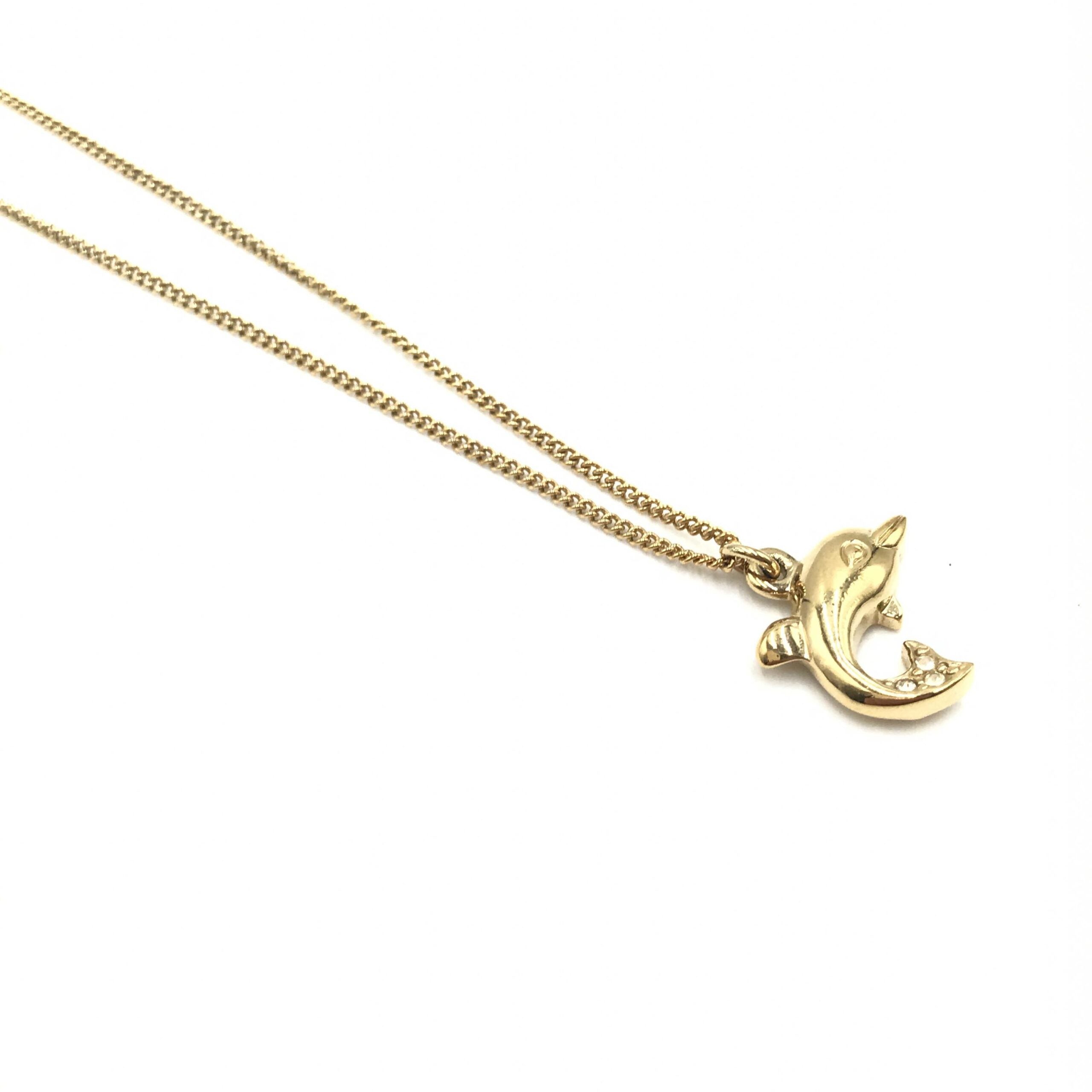 Dolphin Motif Rhinestone Gold Plated Necklace