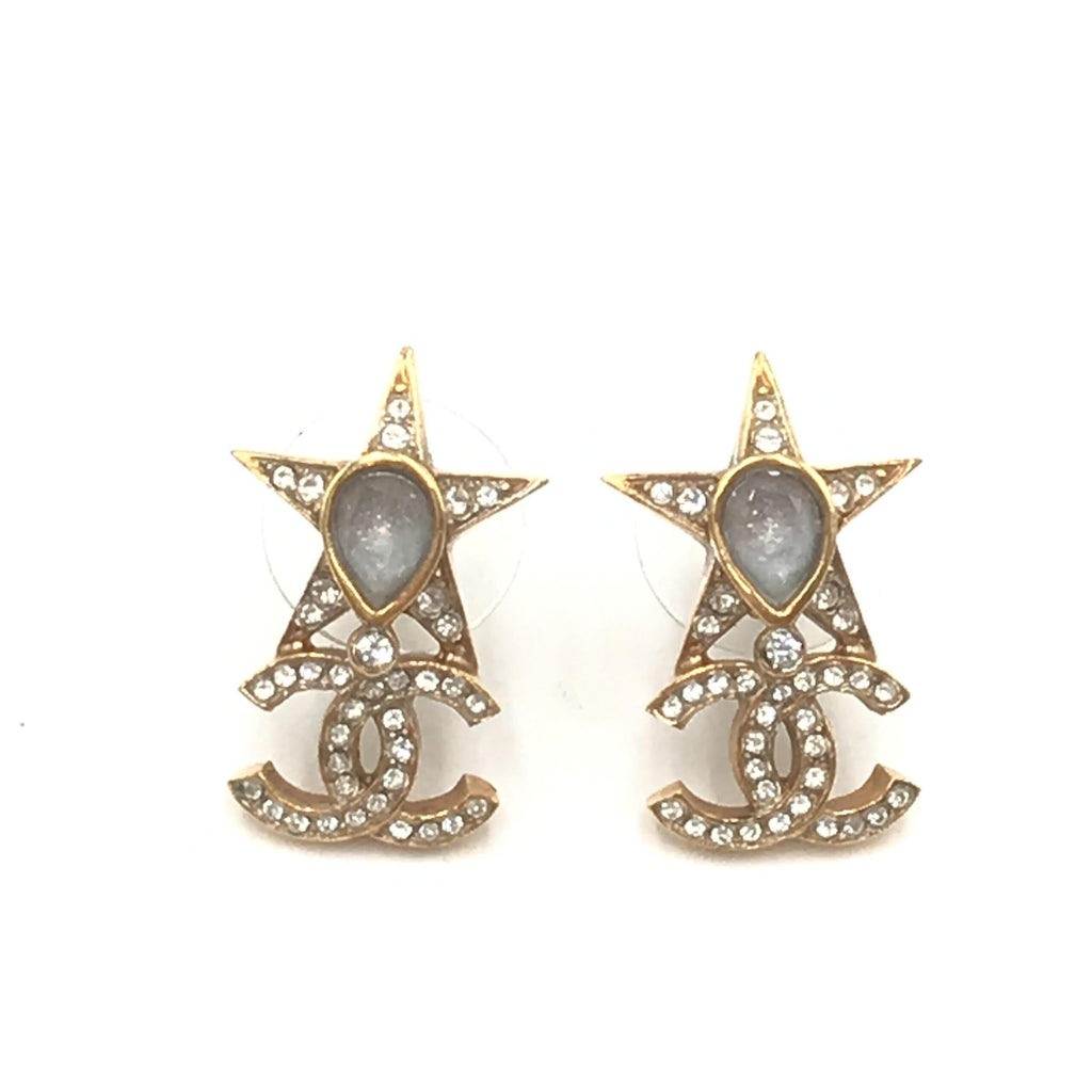 Gold Plated Star Coco Mark Earrings With Rhinestones