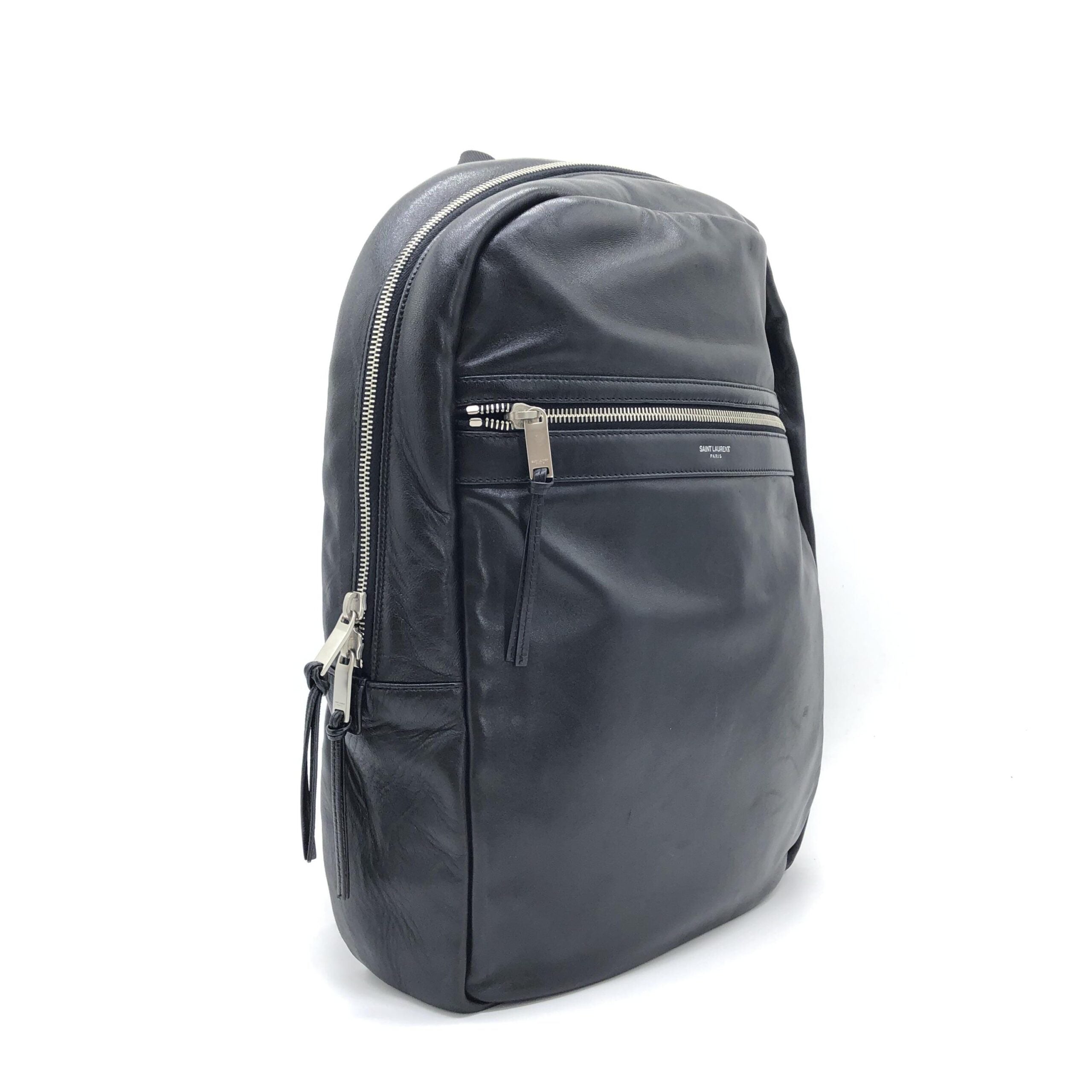 Black Leather City Backpack With Zipper