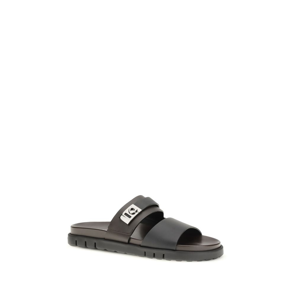 Black Calf Leather Bos Taurus Flat Sandals