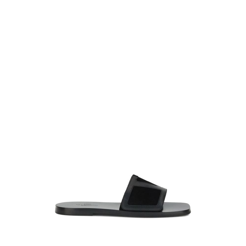 Black Calf Leather Bos Taurus Flat Sandals
