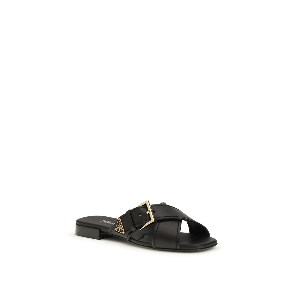 Black Calf Leather Bos Taurus Flat Sandals