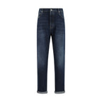 Blue Cotton Straight-Leg Jeans